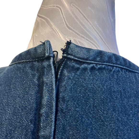 Vintage 90s Denim Maxi Dress Lace Neckline A-Line Tie Back Styleworks Sz 10 - Picture 14 of 16